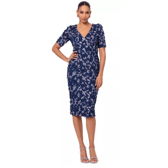XSCAPE Women's V-Neck Short-Sleeve Lace Midi Dress‎ Size 14 Petite 3D Flowers - Picture 1 of 13
